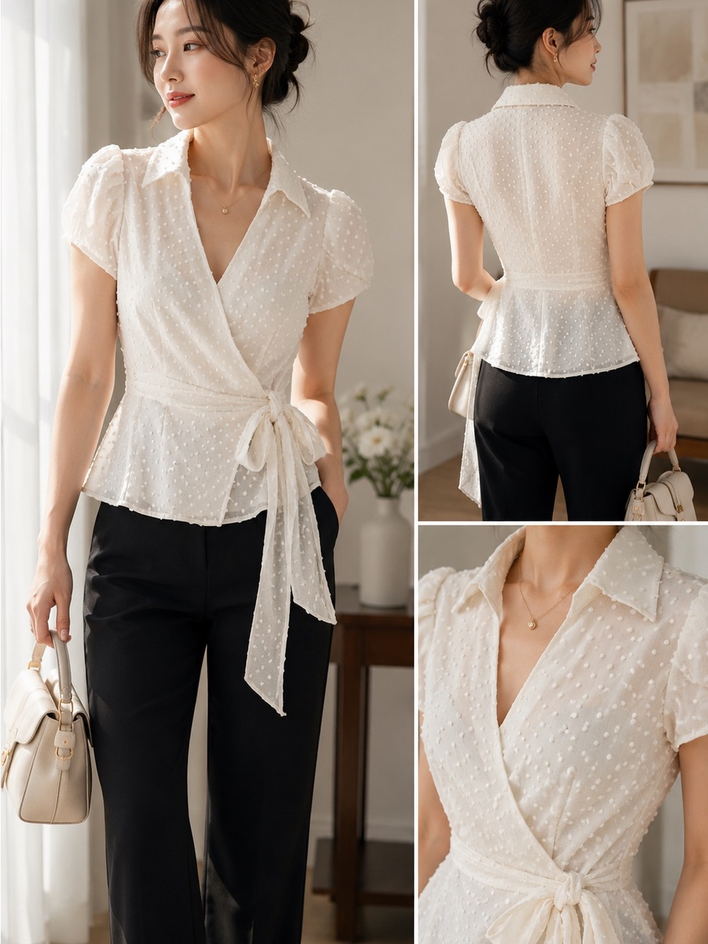 INC Petite 4P Silk Cotton Swiss Dot Wrap Tie Peplum Blouse